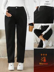 SHEIN Maternity Fall Autumn Winter Halloween Christmas New Year Thanksgiving Solid Color Casual Adjustable Waist Fleece Lined Jeans, Autumn/Winter Mom Jeans Comfortable Thermal Straight Leg Jeans Fleece-Lined Jeans Y2k Cute Streetwear 2000S Coquette Techno Outfit Birthday Outfit Night Out Going Out Club Outfit Airport Outfit Party Business Casual Woman