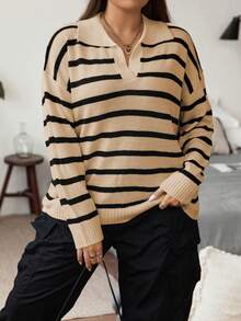 Sunspun Plus Size Women Casual Striped V-Neck Loose Pullover Sweater, Suitable For Daily Commute, Autumn/Winter - Apricot - View 3