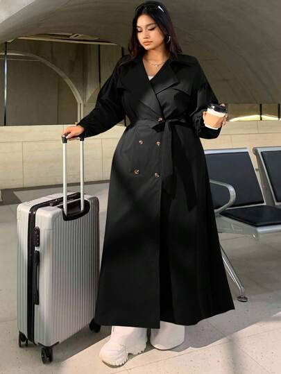 SHEIN EZwear معطف خندق كاجوال طويل بالخاكي مقاس كبير، خريف/شتاء مطار