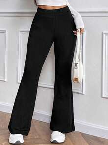 SHEIN PETITE 女士休闲日常百搭修身保暖高腰阔腿裤，带松紧腰带，黑色冬季款式，女士黑色长裤。