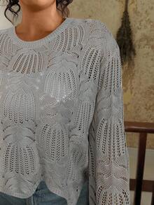 Travachic Plus Size Women Fashion Hollow Out Round Neck Loose Casual Sweater/Winter - Light Grey - View 1