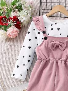 SHEIN Elladie kids 女童休闲日常圆领长袖修身心形印花 T 恤搭配 3D 蝴蝶结吊带连体裤，灯芯绒面料，适合所有季节，返校装 - 粉色 - 查看 3