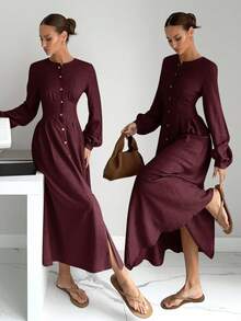 Siren Gaze Đầm dài thanh lịch cổ tròn tay đèn lồng màu trơn cho nữ - Màu Đỏ Sâu - Xem 1