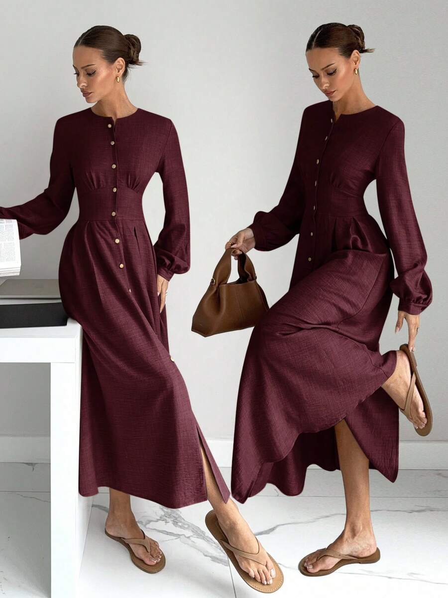 Siren Gaze Đầm dài thanh lịch cổ tròn tay đèn lồng màu trơn cho nữ - Màu Đỏ Sâu - Xem 1