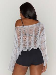 MUSERA 斜领破洞流苏串珠长袖上衣，西部乡村街头风，适合节日、优雅、Y2K、性感、可爱、90年代波西米亚风、中西部、晚宴和派对等场合。 - 灰色 - 查看 4