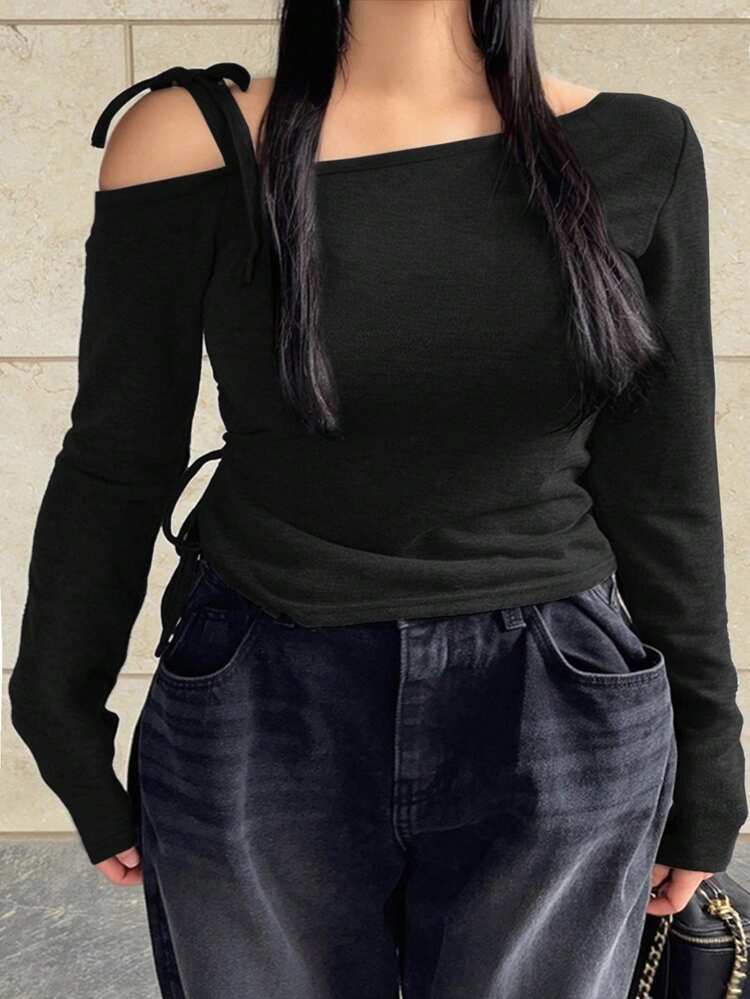 Dazy Plus Plus Size Slim Fit Solid Color Open Shoulder Drawstring Tie T-Shirt, Spring/Summer/Autumn Long Sleeve Women