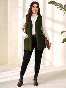 EMERY ROSE Plus Size Solid Color Sleeveless Loose Pocket Simple Casual Jacket,Spring/Summer,Summer,Vacation Woman / Vacation/Winter - Army Green - View 3
