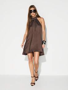 KIZN Halter Neck Backless Mini Dress Cowl Neckline Sleeveless Party Club Evening Dress - Brown - View 2