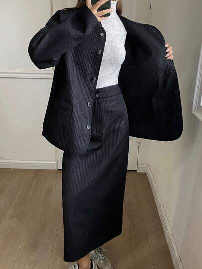 DAZY 2 件套女士休闲宽松绗缝长袖夹克和长直筒裙套装，秋冬