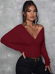 SHEIN SXY Women's Solid Color Off-Shoulder Long Sleeve Fitted Fashionable Sweater, Autumn/Winter Off The Shoulder Long Sleeve Bodysuits For Women Long Sleeve Cleavage Top Tops For Women Sexy,Christmas Sweater Women,Red Top,Christmas Sweater