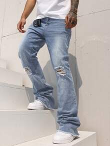 Manfinity Homme Quần jeans ống loe ống rộng, rách gấu dành cho nam - Rửa nhẹ - Xem 7