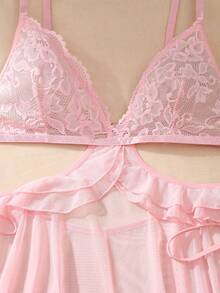 Spicy Aura Plus Size Women Contrast Lace Hollow Out Sexy Lingerie - Pink - View 7