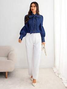 Elenzga Jaqueta e casaco jeans femininos casuais e elegantes - Azul - Ver 5