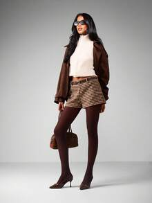 MISSGUIDED High Waisted Houndstooth Print Belted Mini Shorts With Zipper Front Detail - Brown - View 4
