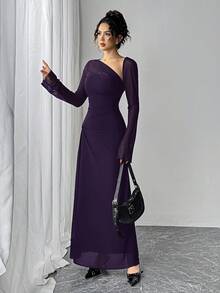 秋季女士网纱修身长袖腰部褶皱不对称领口A字下摆长连衣裙度假吊带裙 - 紫色 - 查看 5