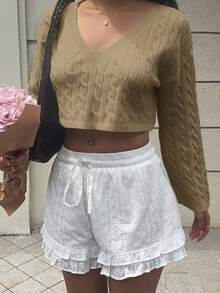 SHEIN Unity 女式性感V领长袖短款扭纹针织毛衣 - 卡其色 - 查看 3