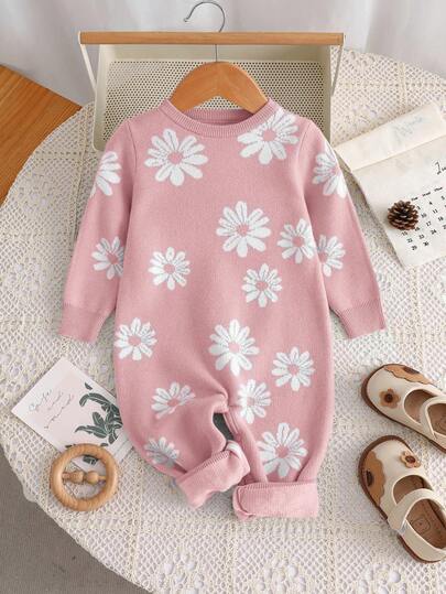 SHEIN Newborn Baby Girl Floral Print Long Sleeve Romper Jumpsuit, Autumn/Winter