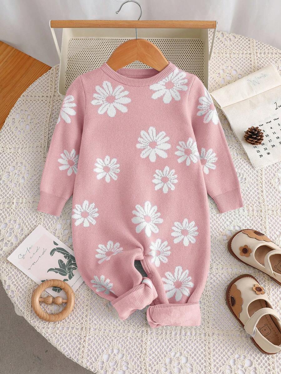 SHEIN Newborn Baby Girl Floral Print Long Sleeve Romper Jumpsuit, Autumn/Winter