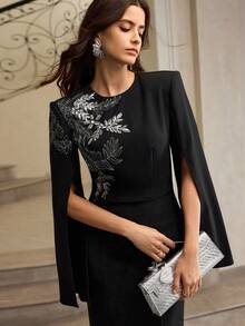 ZEYLAH 优雅串珠刺绣开衩袖收腰连衣裙，秋冬 - 黑色 - 查看 7