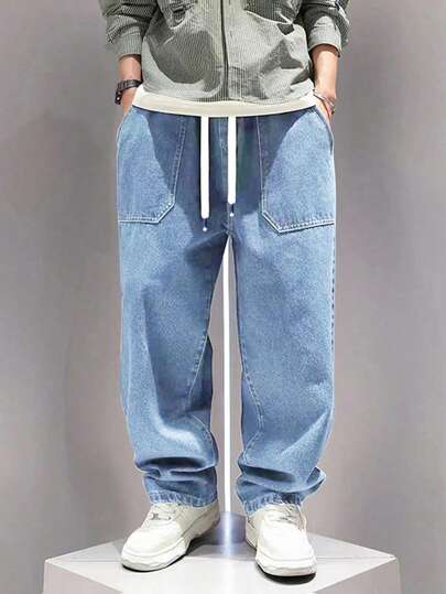 SHEIN Tonårspojke Retro Campus Style All Elastisk midja Lös Bekväm vattentvättad Mörkblå denim avsmalnande byxor