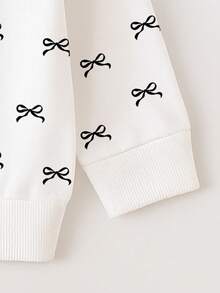 2pcs/Set Baby Girl Fashion Cute Bow Print Faux Lace Effect Crew Neck Long Sleeve Sweatshirt And Ribbed Leggings Pants Set, Suitable For Outings, Home And Leisure, Autumn/Winter