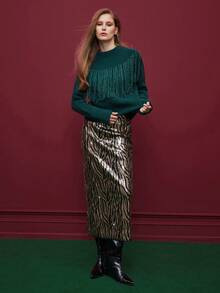 Maija Women's Green Fringe Knit Long Sleeve Sweater Autumn Winter Clothes For Women - Green - View 6