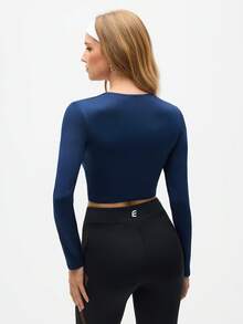 SHEIN Sports Women's Navy Blue Ruched V-Neck Long Sleeve Crop Top, Stretch Athleisure Workout Tee For Gym And Daily Wear - Navy Blue - View 2