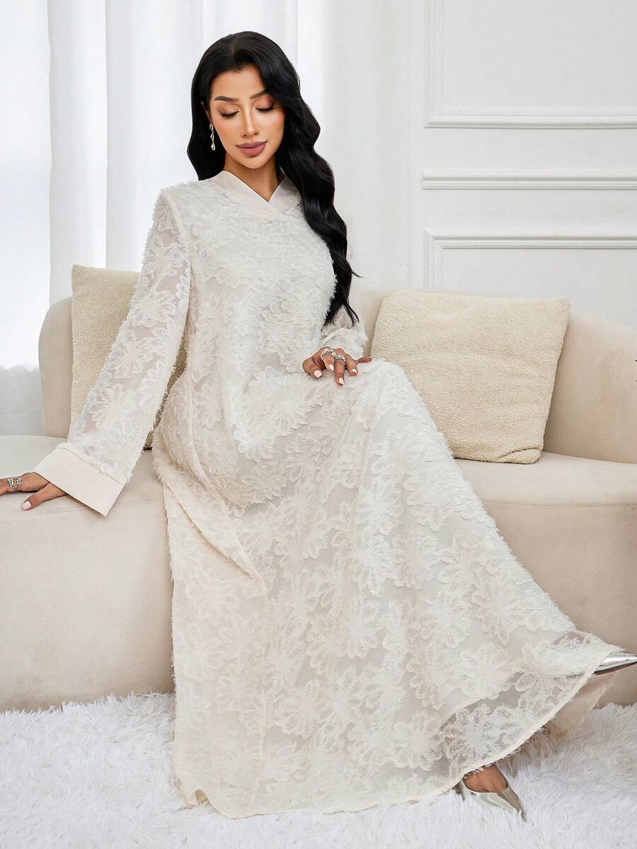 Al Najma 女士优雅V领长袖阿拉伯风格连衣裙 - 杏色 - 查看 1