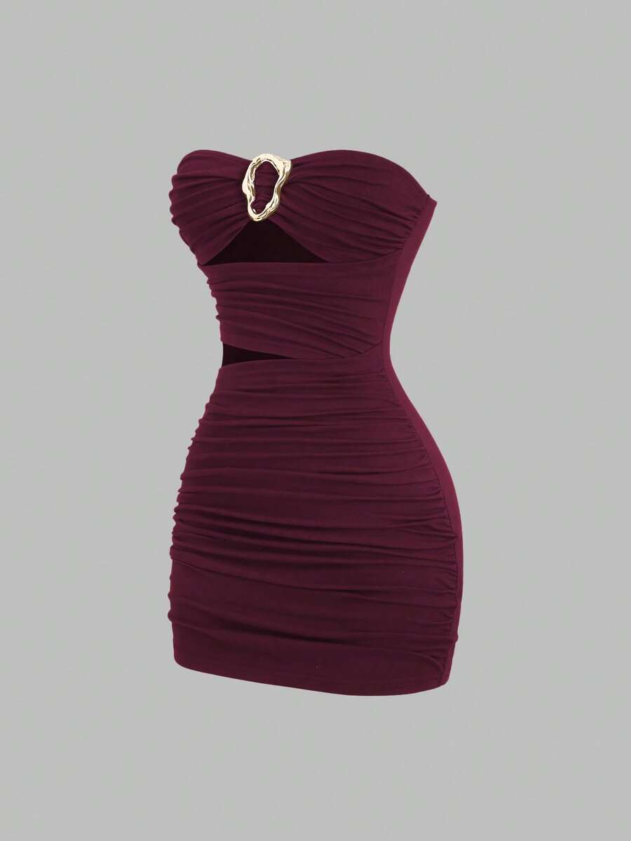 Sweetra Women's Sexy Fitted Strapless Metal Buckle Mini Dress - Rose Red - View 1