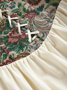 SHEIN MOD Vestido corto de encaje con escote de corazón, cintura con lazo frontal y mangas abullonadas para dama - Multicolor - Ver 3