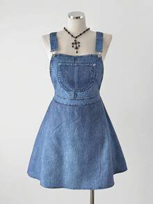 Sunspun Plus Size Autumn/Winter Pocket Elastic Waist Criss-Cross A-Line Knee-Length Denim Effect Print Elegant Vacation/Party Dress For Women