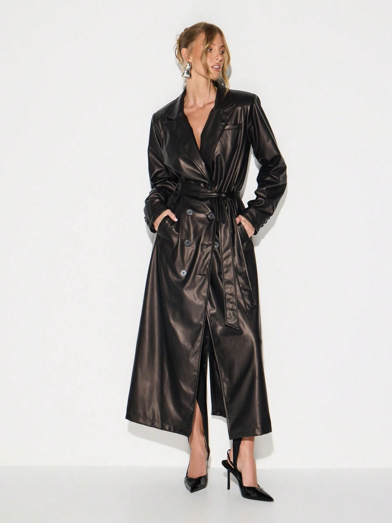 KIZN Faux Leather Belted Maxi Trench Coat