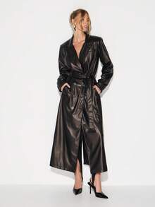 KIZN Abrigo largo de trinchera con doble botonadura, cinturón y solapas de piel sintética para mujer, para otoño e invierno