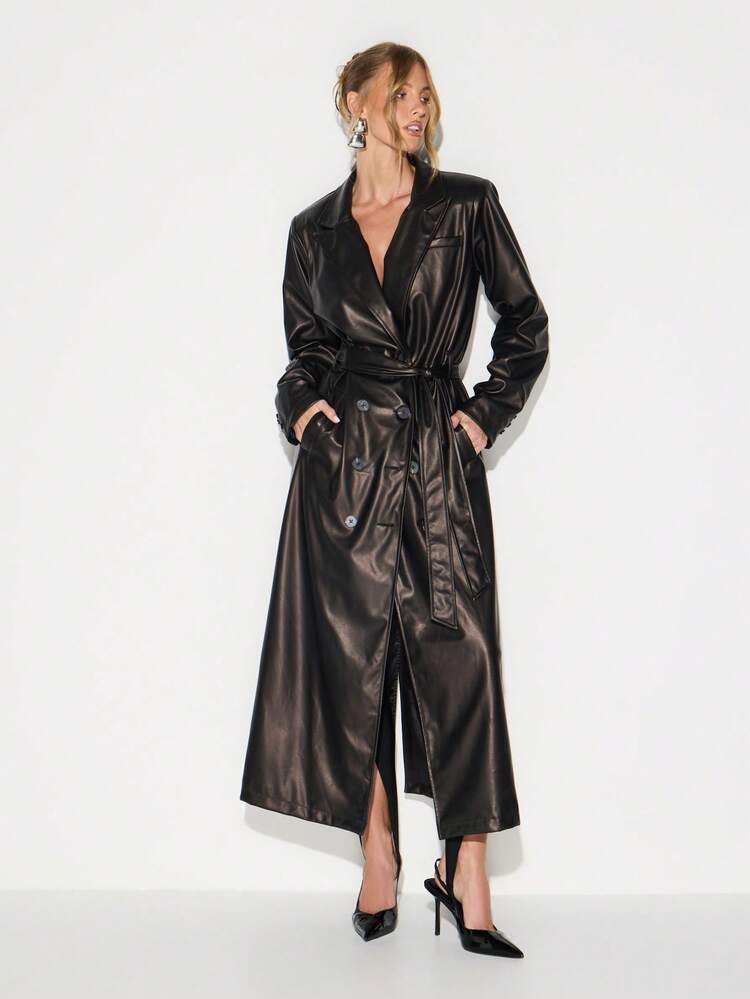 KIZN Manteau trench maxi à double boutonnage  avec ceinture et revers, vêtement d'extérieur pour l'automne et l'hiver pour femmes