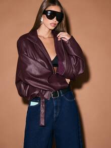 KIZN Oversized Faux Leather Bomber Jacket With Zip Front Closure Winter Outerwear