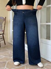 Flexra Plus Size Women Elastic Casual Straight Leg Jeans Date Night Navy Blue Summer - Dark Wash - View 5
