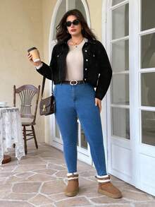 EMERY ROSE Plus Size Casual Commuter Cropped Denim Jacket - Black - View 5