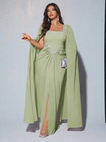 Viva Relle Đầm maxi dài tay bồng bềnh, sang trọng, lãng mạn, dự tiệc, tiệc cưới, tiệc tùng cỡ lớn dành cho nữ, cổ tròn, chất liệu voan chiffon, họa tiết kim cương (Đính hạt ngẫu nhiên) - màu xanh lá - Xem 5
