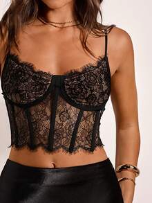 Opulessa 女士黑色性感透视蕾丝交叉吊带背心，优雅派对、奢华晚宴、毕业舞会上衣，适合毕业典礼、舞会、奢华晚宴、音乐会、派对、俱乐部、外出、优雅性感派对约会之夜等场合，性感透视上衣 - 黑色 - 查看 7