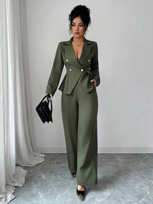 Elenzga Áo khoác blazer dáng ôm tay dài màu xanh quân đội thanh lịch dành cho nữ, ve vai màu xanh lá cây, cài nút kim loại, viền bất đối xứng, xếp nếp + Quần ống đứng dáng ôm thiết kế túi màu xanh quân đội thanh lịch dành cho nữ, Xuân/Thu - xanh quân đội - Xem 3