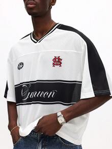 SUMWON Maglia in jersey a rete con scollo a V e maniche corte, con stampa a scritto, per abbigliamento casual estivo da strada