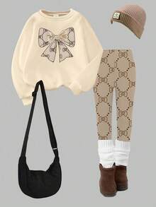 SHEIN 2 Stücke Mädchen-Set: Lässiges, modisches Set aus Sweatshirt und Leggings mit buntem Cartoon-Blumen-Schleifen-Print, Rundhalsausschnitt, Herbst-Outfit - Verschiedenfarbig - Übersicht 3