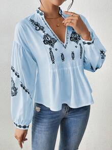 EMERY ROSE 女式褶皱图案印花长袖纽扣衬衫荷叶边上衣 - 藍色 - 查看 3