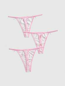 ROMWE Kawaii 3pcs Cute Rabbit, Polka Dot, Teddy Bear, Bowknot Thong Panties - Beige - View 2