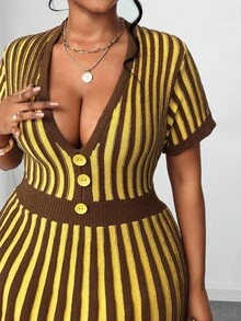 Maweii Plus Size Women's Sweater Dress,1950s Vintage Yellow Striped Cinched Waist A-Line Mini Dress, Knitted Everyday Autumn Dress,Punk Gothic Knitwear - Multicolor - View 6