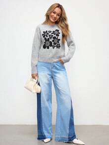 Shutterstock Glamance Women's Gray Knitted Long Sleeve Crew Neck Floral Graphic Casual Solid Color Blouse, Suitable For Outdoor, Office, Business, Commute, Travel, Airport, Street, Formal Occasions In Autumn/Winter Jumper For Woman Sweater For Women Pullover For Women Grey Sweater Floral Print Sweater Chic Stylish Clothing Collection Women Sweater Women Sweaters Cute Sweater - Grey - View 3