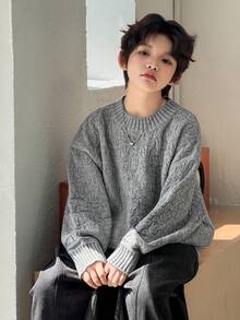 DAZY Tween Boys Grey Knitwear Pullover Sweater Regular Length Round Neck Drop Shoulder Long Sleeve Plain Design - Grey - View 1