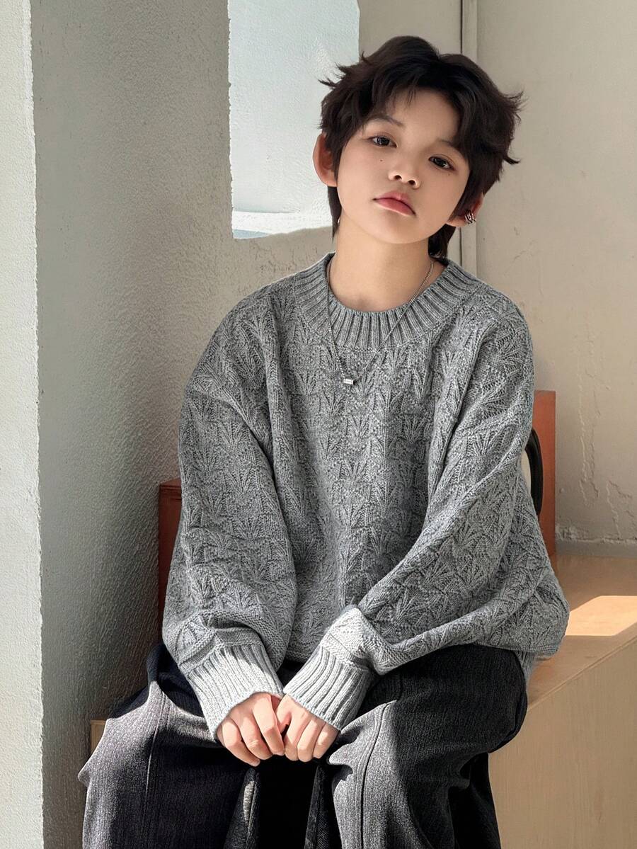 DAZY Tween Boys Grey Knitwear Pullover Sweater Regular Length Round Neck Drop Shoulder Long Sleeve Plain Design - Grey - View 1