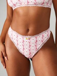 MISSGUIDED Script Print Lace Trimmed Bralette And Panty Lingerie Set With Hearts For Valentine's Day - Pink - View 4