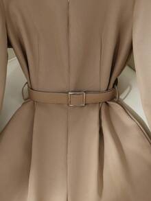 SHEIN Franclia 女士时尚休闲百搭衬衫领长袖系带阔腿连体裤，秋季 - 卡其色 - 查看 4